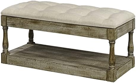 IVANE Rectangular Ottoman Coffee Table, Accent Bench Solid Wood Linen Upholstered Seat for Living Room, Bedroom, Hallways. Beige Top and Antiques Oak Light Brown Frame, 36" L x 16" W x 18" H