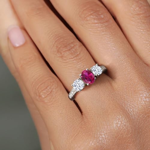 925 Sterling Silver Gemstone Birthstone 3-Stone Engagement Ring for Women | Oval 7X5MM and Round 5MM | Filigree and Milgrain Detail | Three Stone Wedding Anniversary Promise Ring | Size 5-94