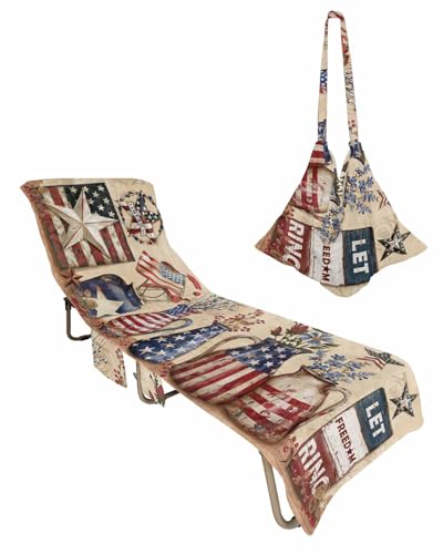 Farmhouse 4th of July Beach Lounge Chair Towel Cover, Soft Chaise Lounge Towel with Side Pockets Patio Pool Chairs Cover for Beach/Pool Sunbathing 29x85 American Country Star Botanical