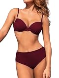 JFAN Traje de Baño Mujer 2 Piezas Bikini Push Up con Relleno Bañador Dos Piezas Sólido Sexy Bikinis con Aros(Burdeos,M)