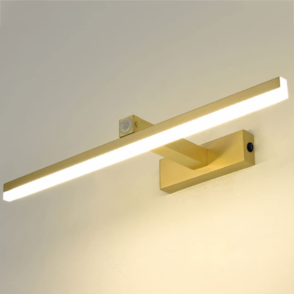 Espejo de luz LED de latón con sensor de movimiento, lámpara de pared de maquillaje para baño, iluminación frontal de tocador con interruptor, ángulo ajustable, blanco cálido 4000K, 12W / 58CM