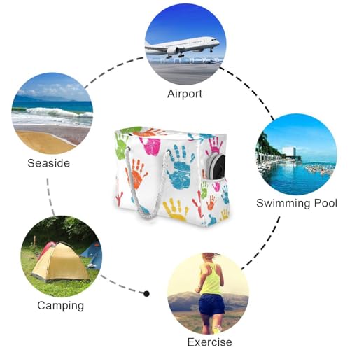 OTVEE Colorful Handprint Patterns Beach Bags for Women Ladies Large Canvas Tote Shoulder Bag Waterproof Travel Bags for Gym Swim Pool Camping4