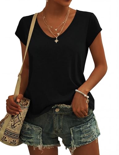 Leversic T-Shirt d'été Décontracté Femme à Manches Courtes Hauts col en V Tops Basique Doux et Frais 182-Noir M
