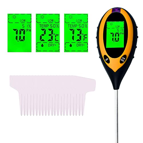 Soil PH Meter with 20 Labels, 4-in-1 Soil Moisture Meter Sensor Tester for Plants, Digital Temperature/Soil Moisture/Light/PH Meter Soil Test Meter Kit for Gardening, Indoor and Outdoor Plants