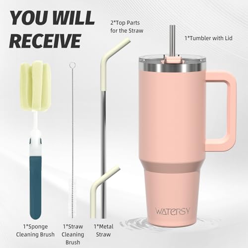 Image of 40 oz Tumbler with Handle,Tumbler with Lid and Straw,Double Wall Insulated Cup Stainless Steel Travel Mug(Cold for 34 Hours),Water Bottle for Iced Tea,Coffee,Cold Beverages(Pink)