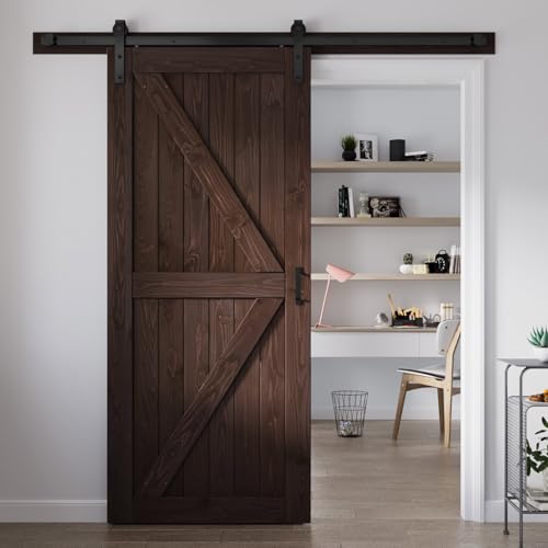 Image of FREDBECK 34 x 84 Brown Wood Barn Door with Hardware Included,K-Frame,Coffee