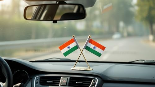 Image of ZAHEPA Flag for Car Dashboard, Khadi Fabric decorative Flag with Gold Plated Metal Cross Base, Office Desk Accessory, Tabletop Decoration for Home, Office & Corporate Use, Gift for Professionals