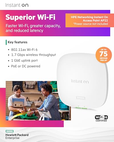 Image of HPE Networking Instant On Access Point AP22 2x2 WiFi 6 Indoor Wireless Access Point | Long Range, Secure, Smart Mesh Support | Power Source Not Included | US Model (R4W01A)
