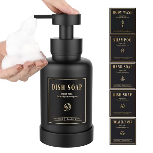 Luxspire Dispensador de Jabón Espumoso, Dispensador de Jabón Espumoso de Vidrio con 5 Etiquetas Impermeables, Dispensador de Jabón Líquido Rellenable 450ml/15oz para Baño Cocina, Negro, 1 Pieza