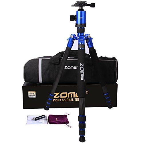Zomei Z-818C Portable Carbon Fiber Tripod Monopod with Ball Head Compact Travel Up to 20lbs Blue for SLR Camera