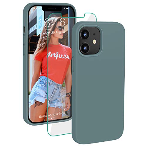ProBien Hülle für Phone 12/12 Pro, Flüssig Silikon Handyhülle mit Panzerglas Stoßfest Fallschutz Schutzhülle [Anti-Fingerabdruck] Kratzfest Case Cover für Phone 12/12 Pro (6.1 Zoll)- Piniengrün