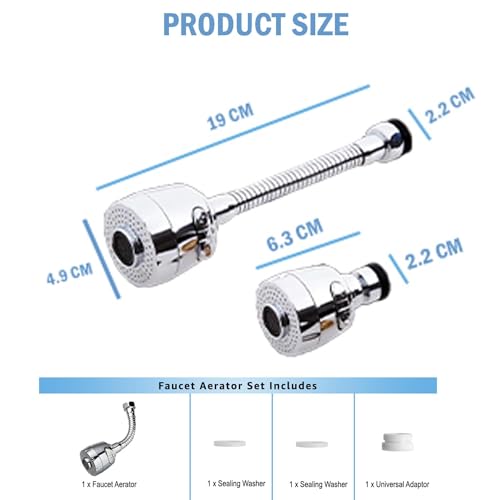 Image of Styxon Kitchen Tap Extender - 360 Rotating Faucet Extension for Kitchen Sink & Basin | Adjustable Water Flow & Easy Install With Hose And Universal Connector, 2 Mode, 19 X 4.9 X 2.2 CM, Silver