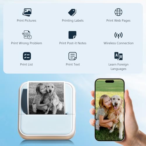 OFFCUP Mini Drucker Thermo, Kleiner Fotodrucker für Smartphone Bluetooth Taschendrucker mit 5 Papierrollen, Tragbarer Mini Printer Thermodrucker für Studiennotizen Fotos Memo Liste, Blau