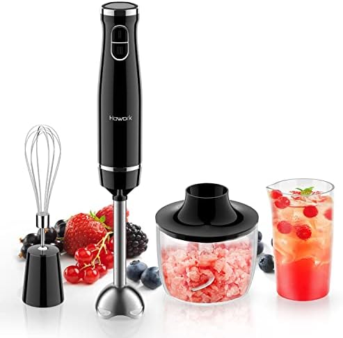 Howork 1000W Immersion Hand Blender, 4-in-1 Multifunctional 2 Speed Stainless Steel Handheld Stick Blender, Titanium Cross Blade, 600ml Mixing Beaker and 500ml Food Processor, Egg Whisk Attachment, Dishwasher Safe, Black