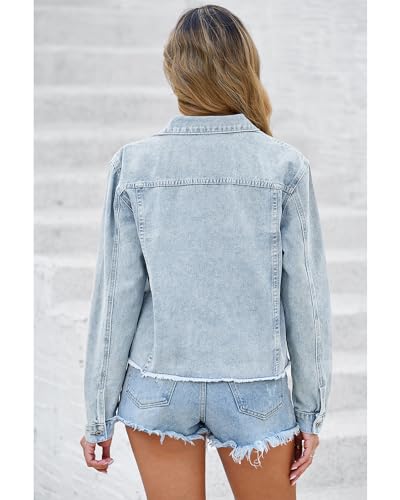 LookbookStore Jean Jackets for Women Trendy Button Down Denim Trucker Jackets Long Sleeves Frayed Hem Shacket Jacket3
