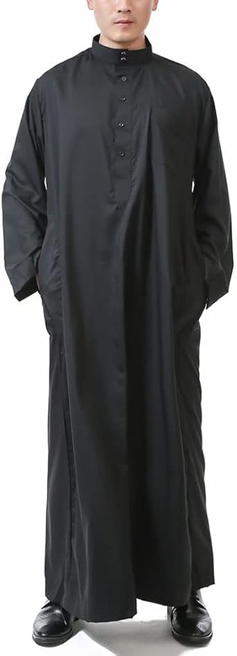 Mens Muslim Robe, Long Sleeve Dubai Kaftan Islamic Arabic Prayer Eid Clothes Gown Thobe Costume