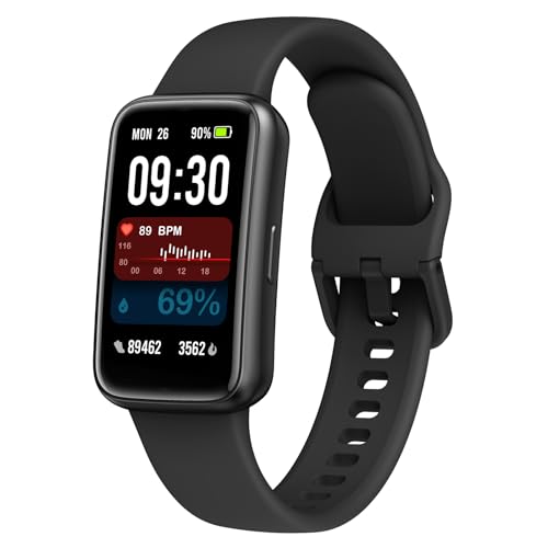 Smart health wristband displaying time, heart rate, and health metrics, emphasizing fitness tracking features for health-conscious consumers.