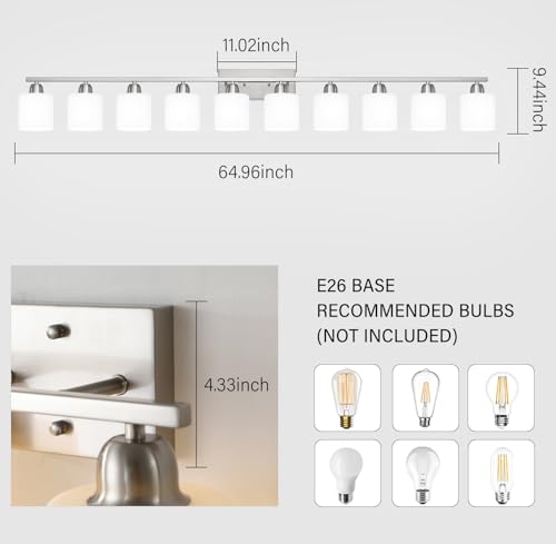 Image of Brushed Nickel Bathroom Sink Lighting Fixtures for Giant Mirror, Anti-Rust Finish 65 inch 10 Light Bathroom Vanity Light Fixtures Modern with Milky White Frosted Glass
