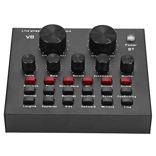 V8 Audio Sound Card, Black External Bluetooth Audio Mixer, Portable PC Karaoke Live Broadcast DJ Sound Controller, Multi-Voice Changing Sound Card, 7 Kinds of Connection Methods etc.