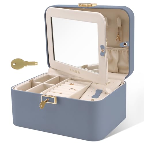 KAMIER Upgraded Jewelry Box, 2 Layers PU Leather Jewelry Organizer for Women with Lock and Mirror, Hidden Necklace Hook and Removable Divider Large Capacity Travel Jewelry Box Ideal for Gift