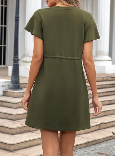 Image of EVALESS Womens Spring Summer Dresses 2026 Casual Round Neck Ruffle Short Sleeve Flowy A Line Mini Dress with Pockets