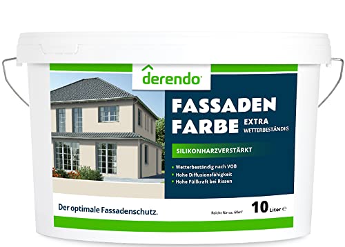 derendo Fassadenfarbe beige 10l mit EXTRA hohem Wetterschutz, matte silikonharzverstärkte Fassaden Farbe, hohe Deckkraft und gute Füllkraft bei kleinen Rissen (Graubeige)