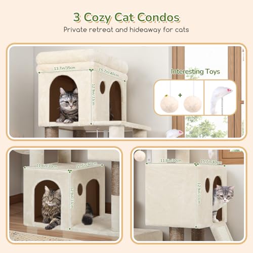 Image of Globlazer Heavy Duty Cat Tree for Indoor Cats Large Adult, F52B, Beige | 3 Condos, Extra-Large Baseboard, Removable Top Perch, 4 Sisal Posts & Board, Hanging Basket, Anti-Topple Strap, Easy Setup