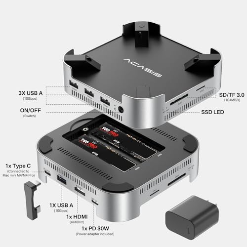 Image of ACASIS 10-in-1 Dock with 10Gbps Dual SSD Enclosure for M4 /M4PRO Mac mini, 4xUSB A 10Gbps, 1xHDMI 4k@60Hz, SD /TF3.0, PD30W, Software RAID | Up to 16TB