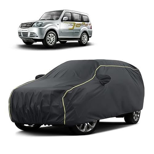Image of Sulfar 100% Water Resistant Car Body Cover Compatible with Mirror for Tata Sumo Grande MK II (Triple Stitched, Full Bottom Elastic, Dark Grey Taffeta with Yellow Piping)