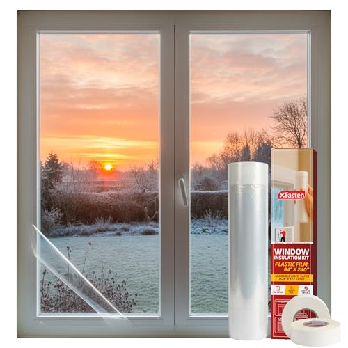 XFasten Window Insulation Kit for Winter, Pre-Taped 84" x 240" 0.75 mil Clear Window Plastic for Winterizing Kit, Heavy-Duty Insulation Film Cover for Drafts - Includes 2 Rolls Clear Double-Sided Tape