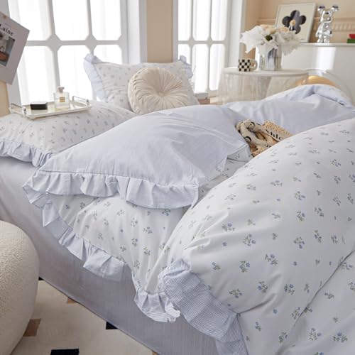Image of VM VOUGEMARKET Blue Flower Duvet Cover Set Queen,3 Pieces Romantic Ruffle Duvet Cover with 2 Lace Pillow Shams,100% Cotton Princess Bedding Set for Girls-Flower Striped Pattern