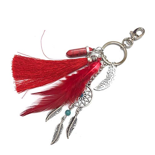 Preisvergleich Produktbild Nuohuilekeji Traumfänger-Anhänger mit Federn, Schlüsselanhänger, Autoschlüsselanhänger, Deko, Geschenk, rot