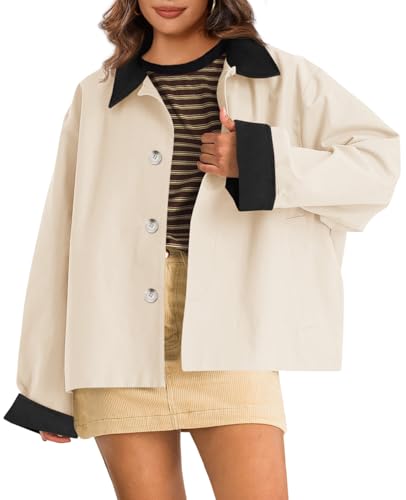 Tankaneo Womens Barn Jackets Lightweight Casual Oversized Contrast Collar Jacket Crop Trench Coat Outerwear 2025 Fall Fashion - Main Image
