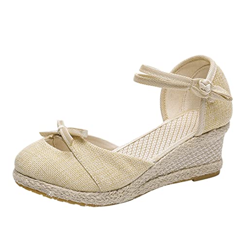 MJGkhiy Sandalias de alpargatas para mujer de cuña con tacón elegantes alpargatas cómodas casuales de plataforma con correa zapatos de verano con punta cerrada, sandalias de verano con cordones suela