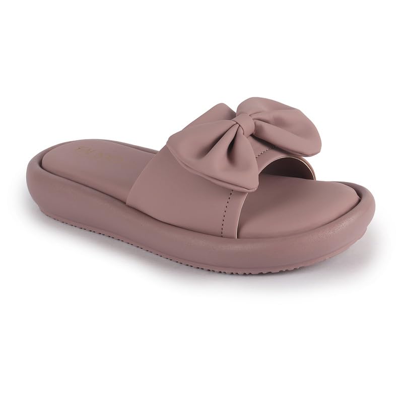 Image of FAUSTO Women Open Toe Bow Design Slip On Sliders | Extra Comfort Cushioned Insole Slippers | Classic Flat Sandals for All Day Long