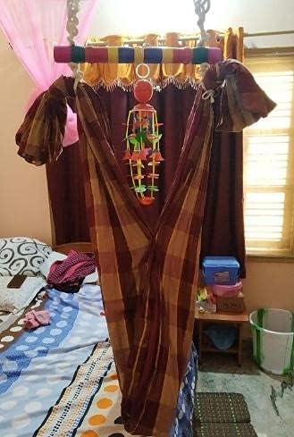 Image of Cradle Stick in Wood for Baby - Traditional Wooden Thottil Kambu | Baby Cradle Swing Stick with Rope | Multicolour | Safe and Durable Baby Cradle Accessories