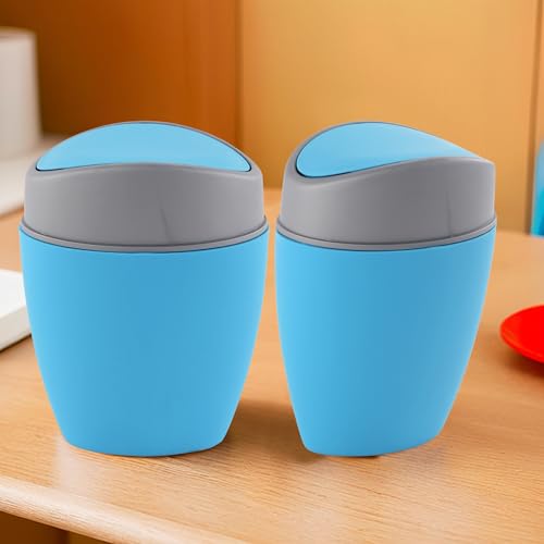 Image of Kuber Industries 2 Pcs Plastic 2.5 Ltr Mini Dustbin for Study Table /Bedroom /Bathroom with Swing Lid | Portable Small Dustbin for Kitchen Sink | Table Top Office Desk Trash Can Waste Bin | Blue