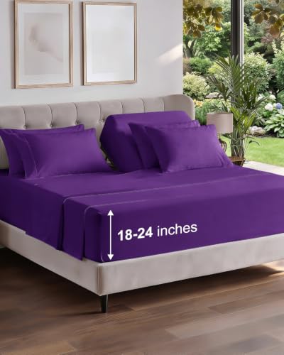 Image of CGK Unlimited Extra Deep Flex Top Split Head King Sheet Set - 6 Piece Breathable and Cooling Sheets - Hotel Luxury Bedding for Women, Men, Kids & Teens - Easy Secure Fit - Extra Deep Pockets - Purple