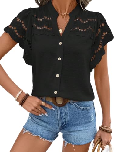 Women's Eyelet Embroidery Blouse V Neck Button Down Shirt Flounce Short Sleeve Top with Cutout Detail