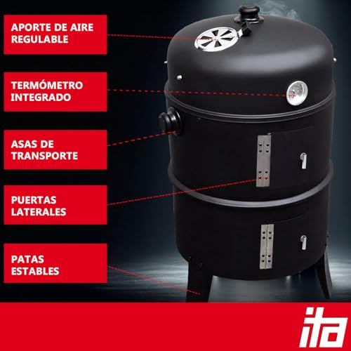 Miniatura 6 de Ita Parrilla Ahumador 3 En 1 Multifuncional - Asar, Ahumar, Cocinar - Parrilla De Carbón Modular Con Termómetro Y Regulador De Aire En Tapa - Barril Ahumador