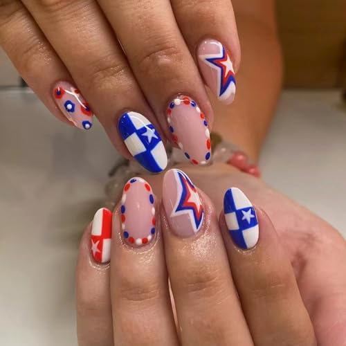 Fourth of July Press on Nails - Red Blue Star & Flower & Checkered Design Medium Almond Reusable Artificial Nails Full Cover Glue on Nails for Women Manicure 30Pcs