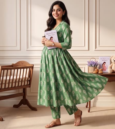 Image of DUMMY SHAPE Maternity Dresses for Women Cotton | Floral Kurta Pant Dupatta Set with Nursing Zippers, Side Pocket | Pre & Post Pregnancy | Feeding Kurti Suit | Baby Shower | Gifts for Pregnant Woman