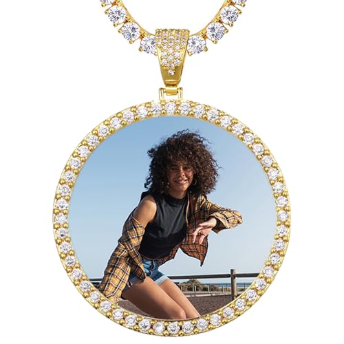 Hiyong Personalized Picture Necklace for Men Women 18K Gold Plated Custom Photo Pendant with Memory Medallion Choose Tennis Cuban or Rope Chain - Necklace for Hip Hop Jewelry Lovers
