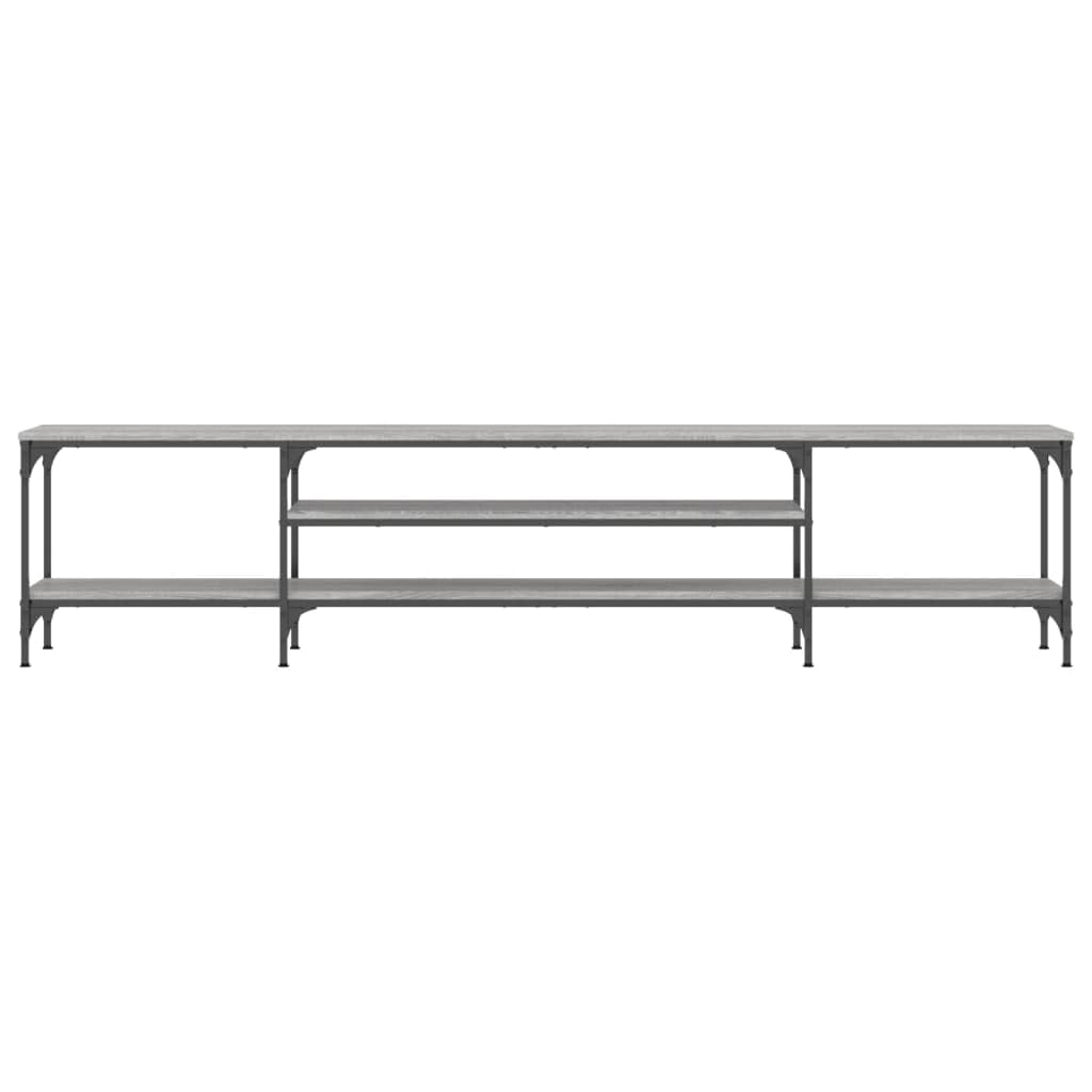 79-Inch Industrial TV Stand, Sonoma Gray Wood and Iron Console | This living room media center features open storage shelves and measures 79 x 14 x 18 inches.