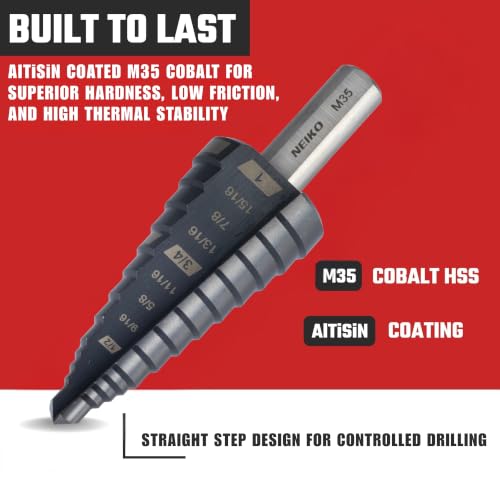Image of NEIKO 10622B Step Drill Bit, 9 Steps 1 /2 inch to 1 inch Straight M35 Cobalt, AlTiSiN Coated, 3 /8 inch Tri-Flat Step Bits for Steel, Metal, Wood, Plastic, Unibit Cone Drill Bits, Two Flute