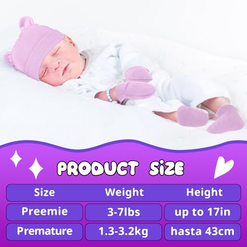Cuffbow 4 Pcs Preemie Hats Mittens and Socks Set Preemie Mittens Warm Terry Socks for Baby2