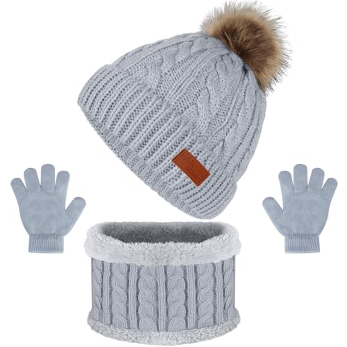 Image of Kids Hat Scarf Gloves Set, Kids Winter Beanie Hat Scarf Gloves Set with Knit Thick Warm Fleece Lined for 1-6 Years Old