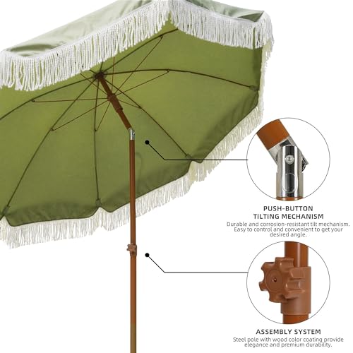 Image of AMMSUN 7ft Patio Umbrella with Fringe Outdoor Tassel Umbrella UPF50+ Premium Steel Pole and Ribs Push Button Tilt, Sage Green