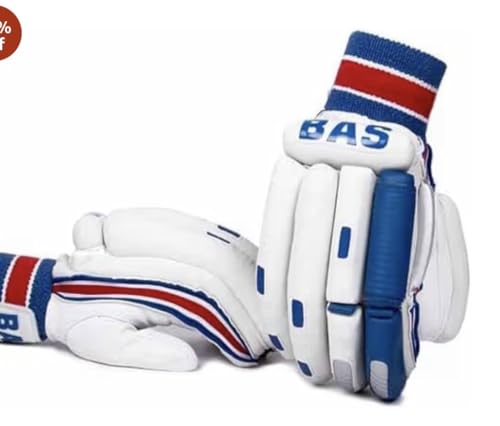 Image of BAS VR3 Cricket Batting Gloves, Faux Leather, White and Blue, Lightweight with Maximum Grip, Adult, Right Handed