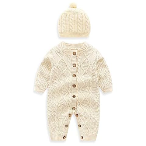 Auro Mesa Newborn Baby Knit Romper with hat Beige Infant Baby Knitted Clothes Baby Onsie (73cm (9-12M)) Cover